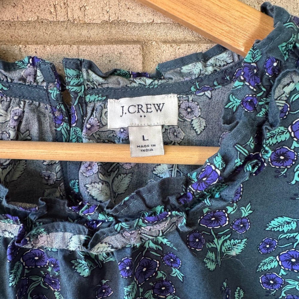 J. Crew Ruffleneck Teal Purple Floral Long Sleeve Poplin Blouse Large - Picture 7 of 9